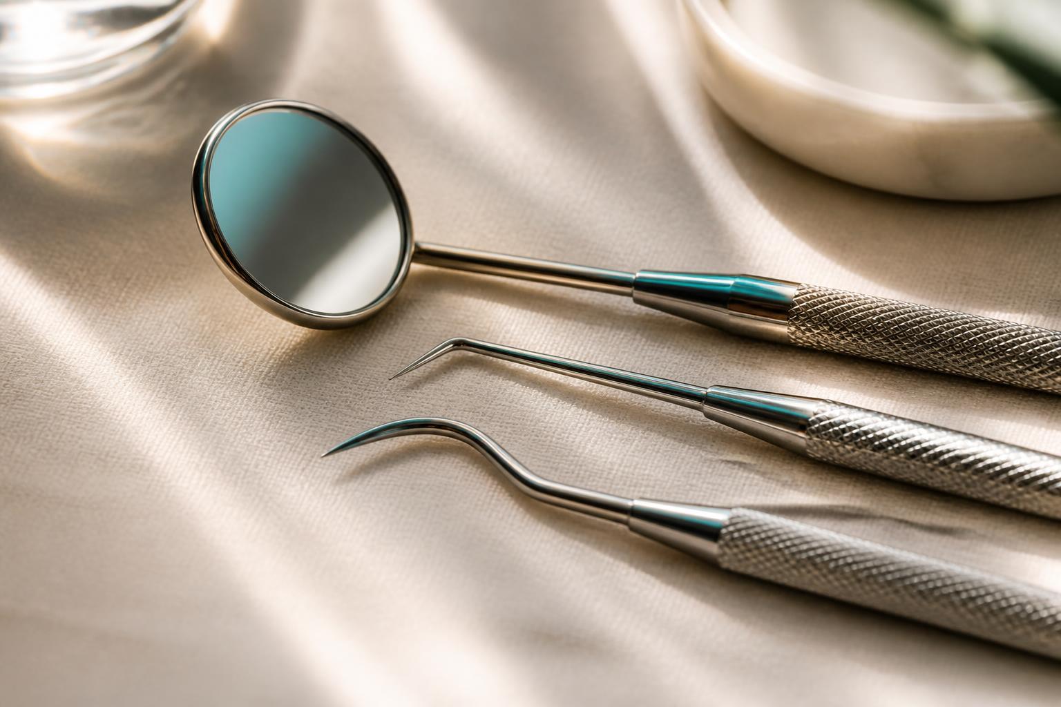 Polished dental instruments arranged on a linen surface